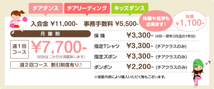 チアダンス、チアリーディング、キッズダンス 週1コース